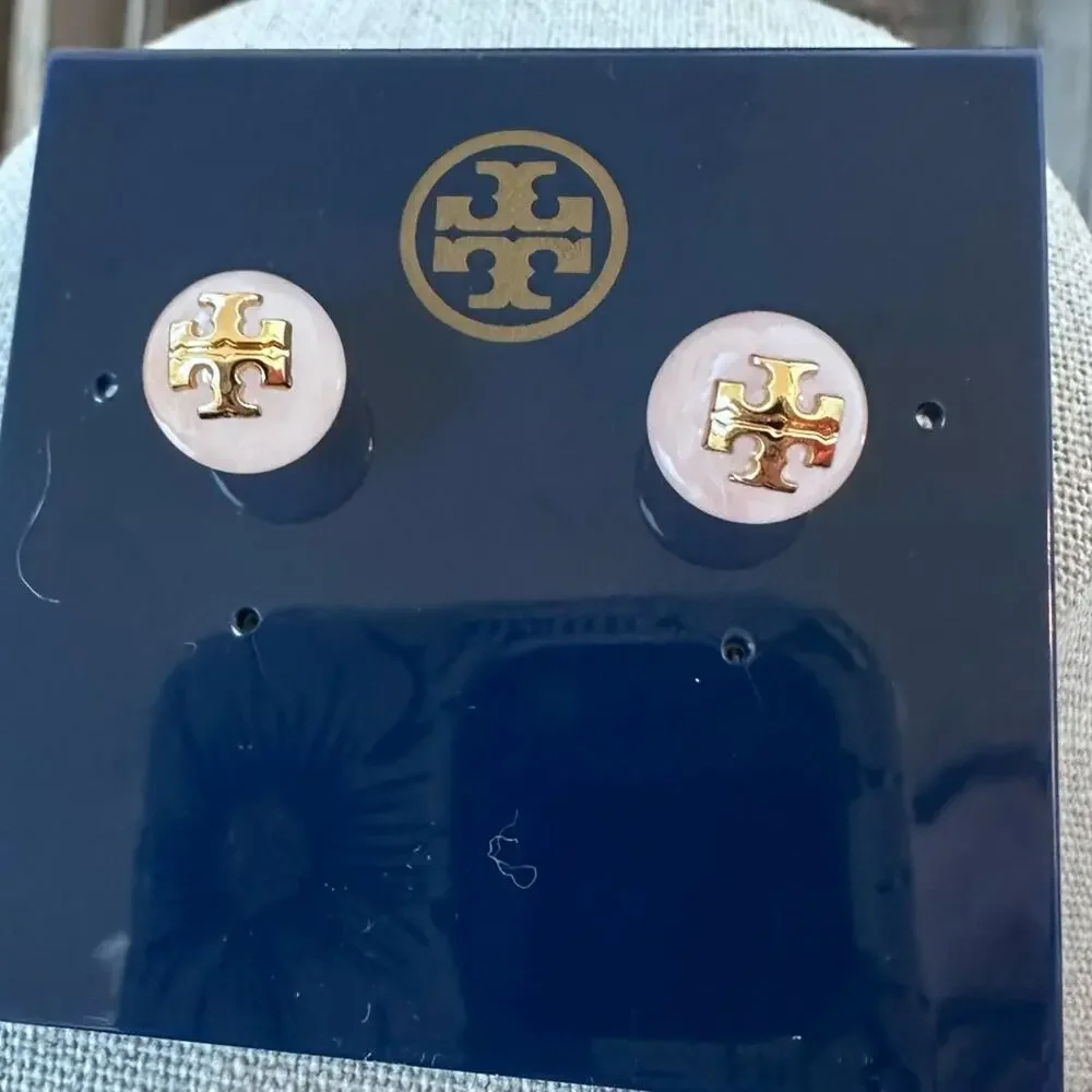 Tory Burch - Pink Quartz Evie Logo Stud Earrings, NWT, pierced